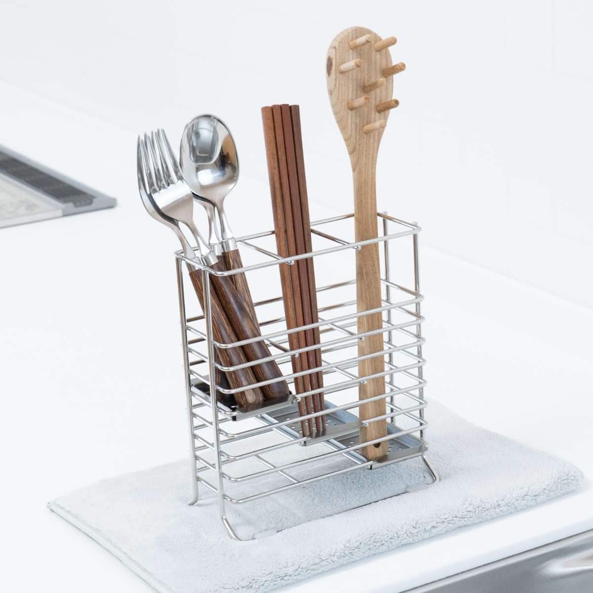 カトラリーポケット &kit スリム カトラリー&ツールスタンド 水切りかご ( カトラリースタンド ステンレス 水切り 一時置き カトラリー収納 ツールスタンド 仕切り付き 高さが変えられる 縦置き 引き出し収納 食洗機対応 )
