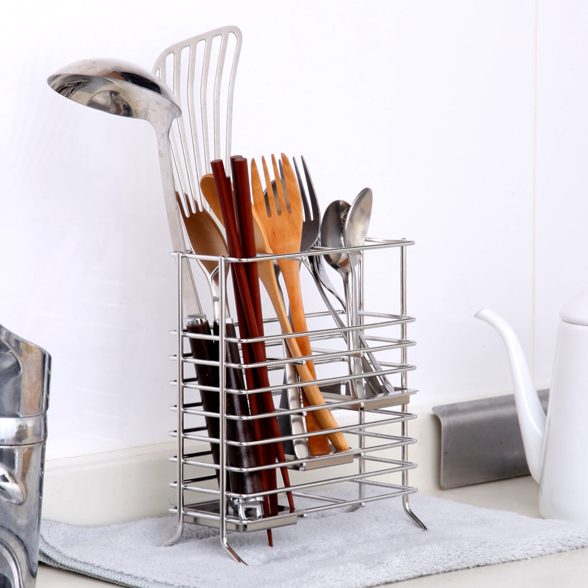 カトラリーポケット &kit スリム カトラリー&ツールスタンド 水切りかご ( カトラリースタンド ステンレス 水切り 一時置き カトラリー収納 ツールスタンド 仕切り付き 高さが変えられる 縦置き 引き出し収納 食洗機対応 )