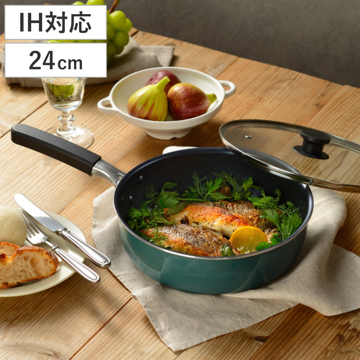 フライパン 24cm IH対応 深型 rinto 蓋付き 外面ホーロー加工 （ ガス火対応 片手鍋 炒め鍋 いため鍋 ふっ素加工 フッ素加工 リント ガラス蓋 24センチ フッ素コーティング 金属ヘラOK アルミ製 ホーロー加工 ターコイズ ）