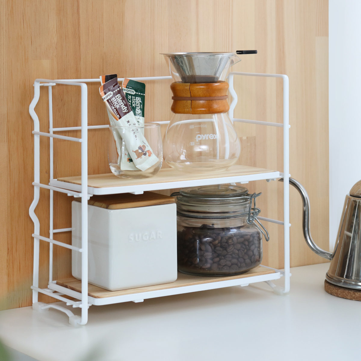 台所周りもスッキリ収納♪キッチン収納棚♪4段 ナチュラルカラー