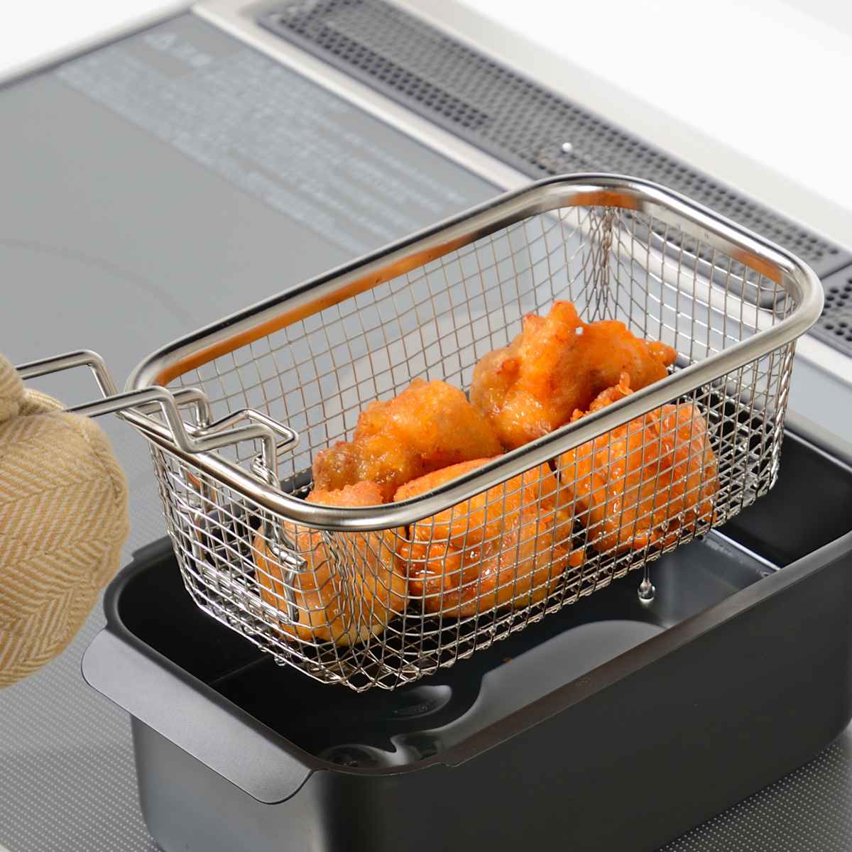 天ぷら鍋4点&揚げ物ざる セット IH対応 温度計付き ポコフリット 角型 ワイド ( ガス火対応 揚げ鍋 角型天ぷら鍋 鉄 蓋付き フライヤー 揚げ物用 ザル ざる ストレーナー フライバスケット 揚げ物鍋 コンパクト 少ない油 鉄製 )