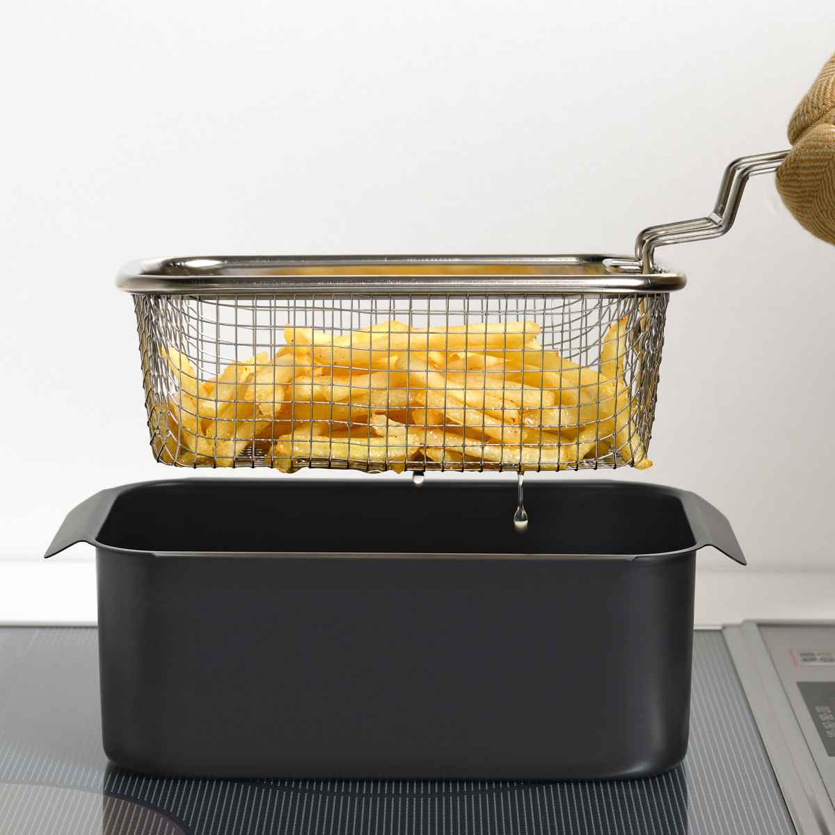 天ぷら鍋4点&揚げ物ざる セット IH対応 温度計付き ポコフリット 角型 ワイド ( ガス火対応 揚げ鍋 角型天ぷら鍋 鉄 蓋付き フライヤー 揚げ物用 ザル ざる ストレーナー フライバスケット 揚げ物鍋 コンパクト 少ない油 鉄製 )