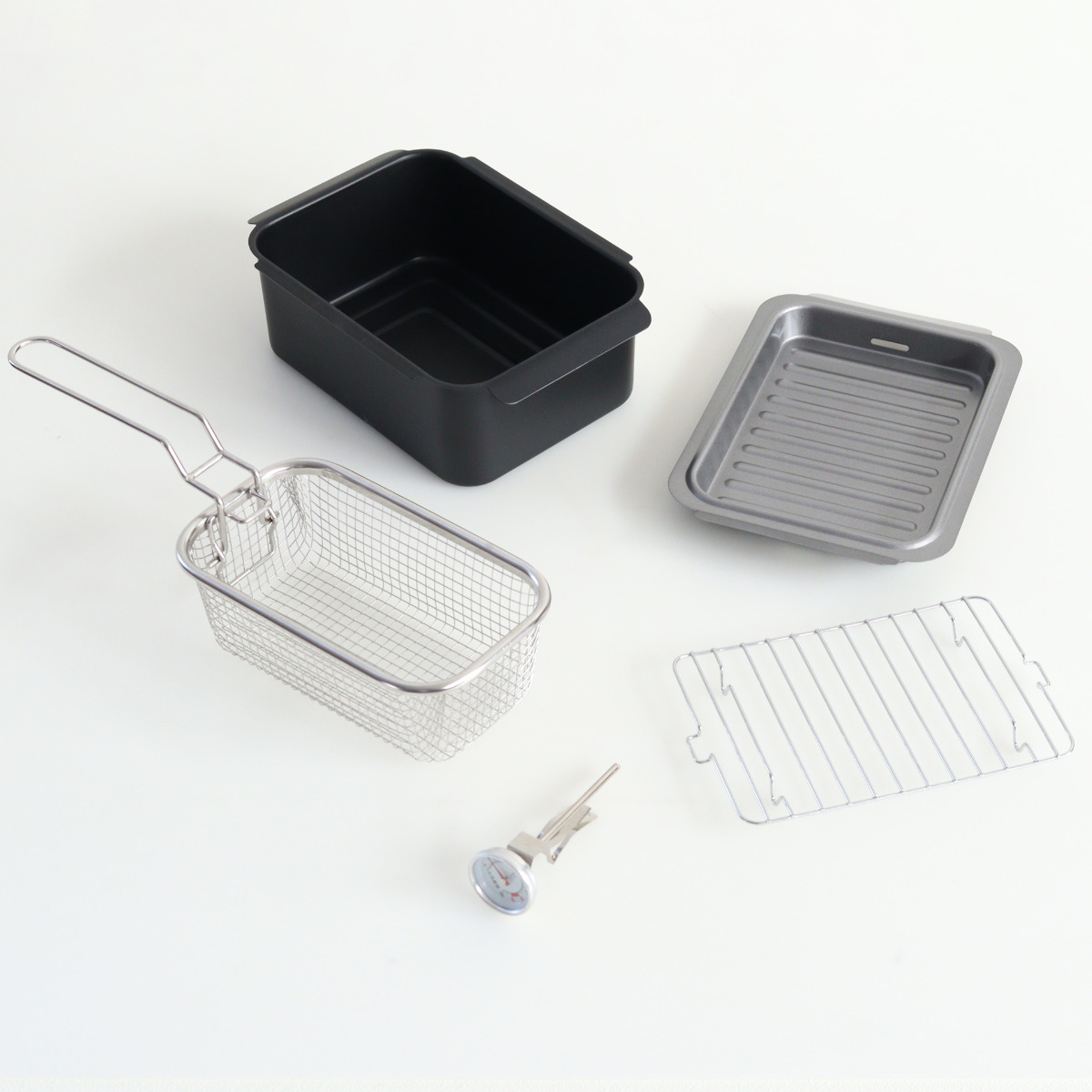 天ぷら鍋4点&揚げ物ざる セット IH対応 温度計付き ポコフリット 角型 ワイド ( ガス火対応 揚げ鍋 角型天ぷら鍋 鉄 蓋付き フライヤー 揚げ物用 ザル ざる ストレーナー フライバスケット 揚げ物鍋 コンパクト 少ない油 鉄製 )