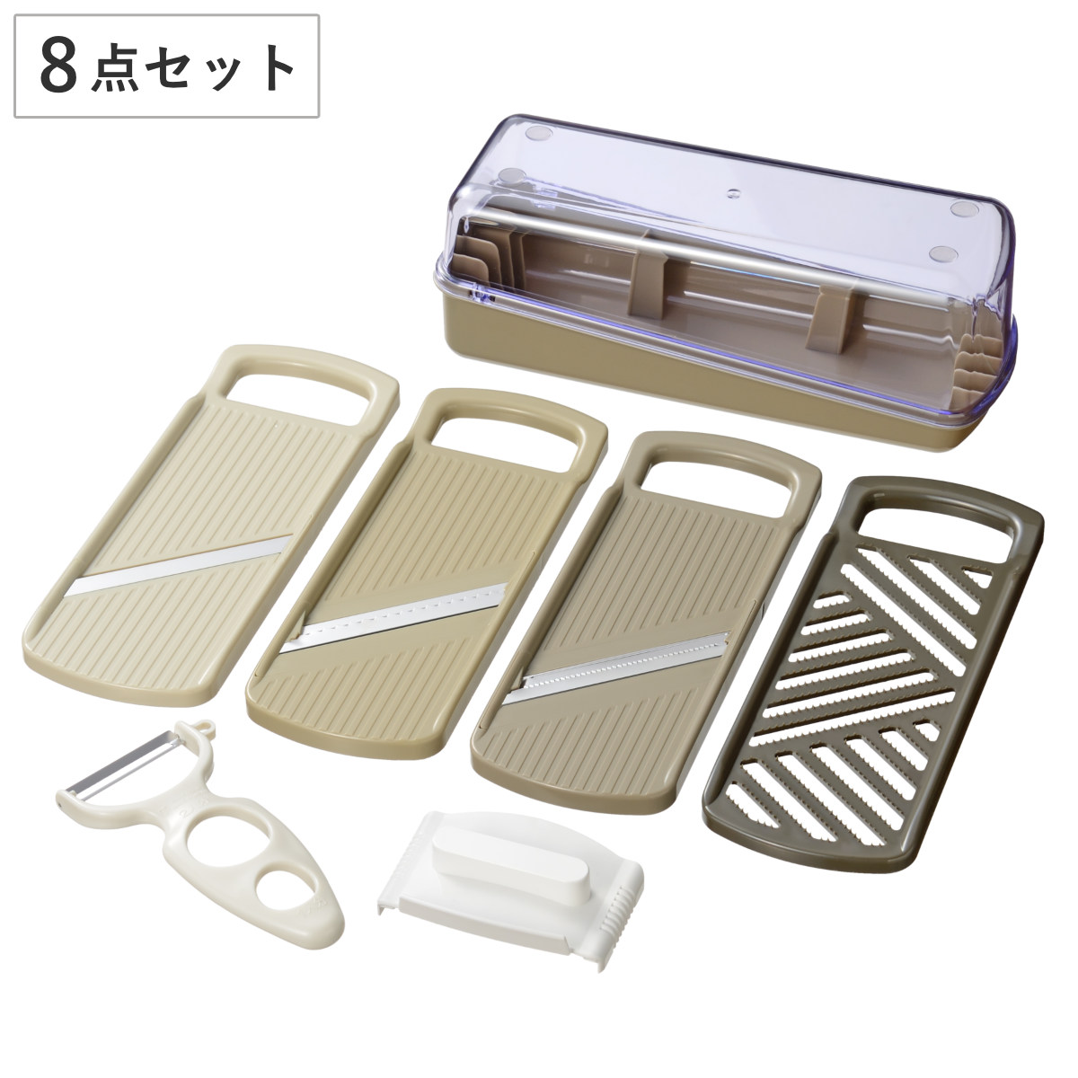 モットプラス マルチスライサー＆三徳ピーラーセット 8点セット （ 調理器セット スライサー おろし器 受け皿 安全ホルダー 日本製 千切り器 おろし金 スライス 大根おろし 薬味おろし つま切り 千切り ピーラー ケース付き ）