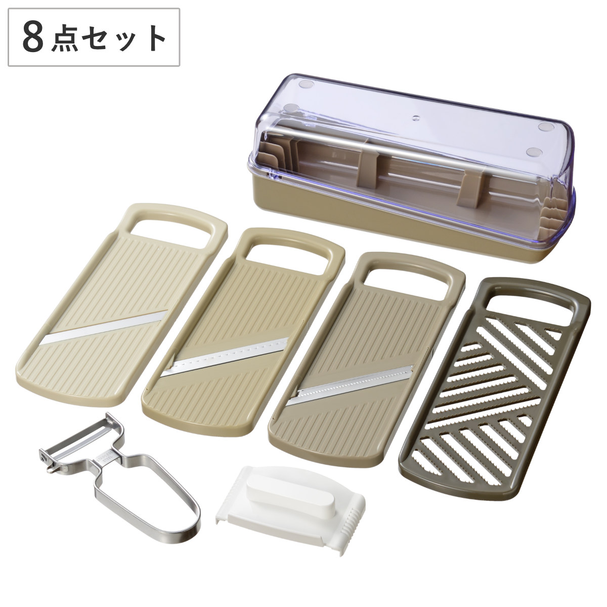 モットプラス マルチスライサー＆STピーラーセット 8点セット （ 調理器セット スライサー おろし器 受け皿 安全ホルダー 日本製 千切り器 おろし金 スライス 大根おろし 薬味おろし つま切り 千切り ピーラー ケース付き ）