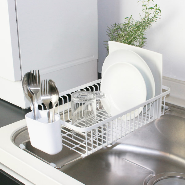 水切りバスケット シンク上 余白 YOHAKU ワイヤー製 ( 水切りかご 水切りラック 伸縮 水受けトレー 2WAY ディッシュラック シンク渡し シンクに渡せる 水切り 皿洗い カトラリーポケット付き おしゃれ ) 【ライトグレー】 ライトグレー