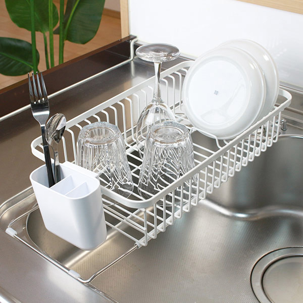水切りバスケット シンク上 余白 YOHAKU ワイヤー製 ( 水切りかご 水切りラック 伸縮 水受けトレー 2WAY ディッシュラック シンク渡し シンクに渡せる 水切り 皿洗い カトラリーポケット付き おしゃれ ) 【ライトグレー】 ライトグレー