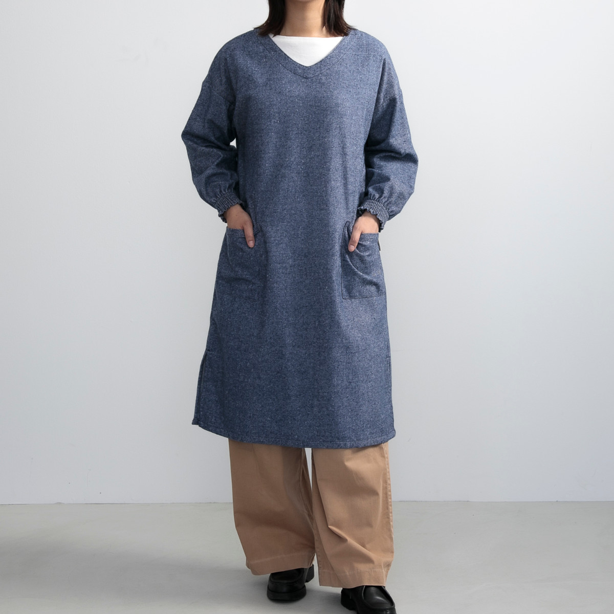 dショッピング |エプロン 無地 すっきり見えるロング丈割烹着 杢