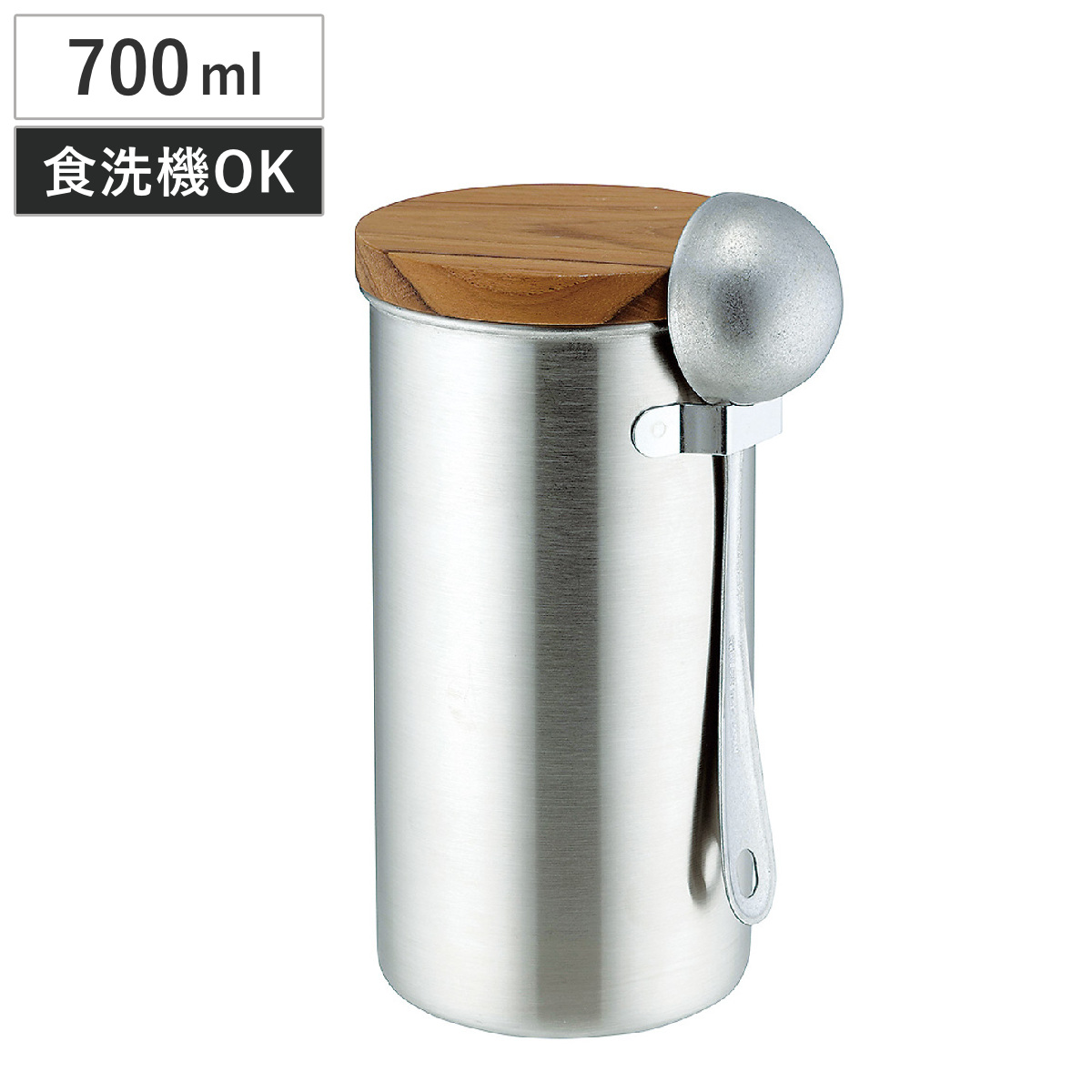 保存容器 700ml ステンレス コーヒー キャニスター サテン L スプーンセット （ コーヒーキャニスター 日本製 食洗機対応 密閉 調味料容器 蓋 天然木 パッキン付き 丸型 鮮度保持 コーヒー豆 粉 珈琲豆 紅茶 茶葉 茶筒 調味料ポット ）
