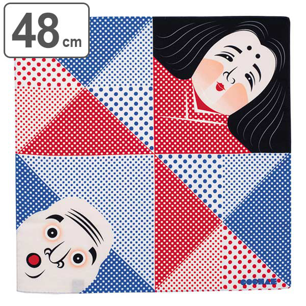 風呂敷 中巾 チーフ おかめ・ひょっとこ ブルー 48cm ふろしき ナフキン ランチクロス 綿100％ （ お土産 包み ハンカチ お弁当包み 小風呂敷 お祝い お弁当 ）