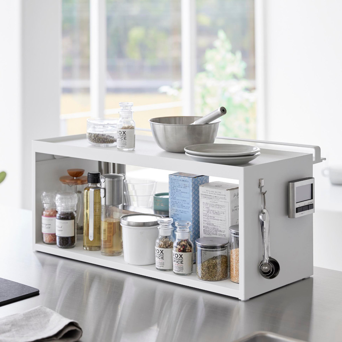 山崎実業 tower 前が開くキッチンカウンター上収納ラック タワー D24 ( 4903208014540 タワーシリーズ 前開き キッチンカウンター上 収納ラック 棚 シェルフ キッチン棚 キッチン フラップ式 調味料置き 収納 ) 【ブラック】 ブラック