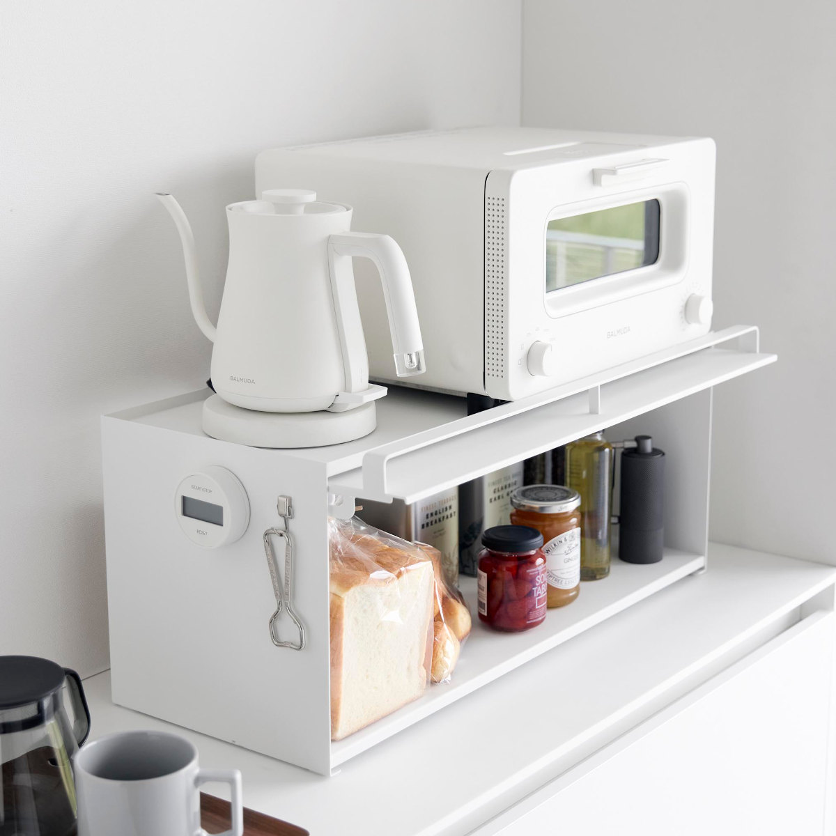 山崎実業 tower 前が開くキッチンカウンター上収納ラック タワー D24 ( 4903208014540 タワーシリーズ 前開き キッチンカウンター上 収納ラック 棚 シェルフ キッチン棚 キッチン フラップ式 調味料置き 収納 ) 【ブラック】 ブラック