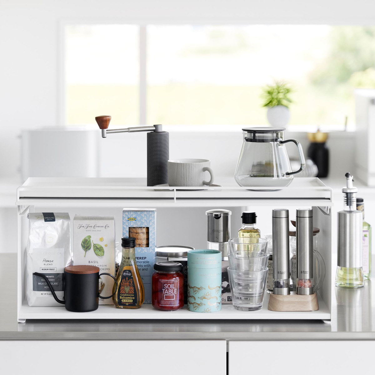 山崎実業 tower 前が開くキッチンカウンター上収納ラック タワー D24 ( 4903208014540 タワーシリーズ 前開き キッチンカウンター上 収納ラック 棚 シェルフ キッチン棚 キッチン フラップ式 調味料置き 収納 ) 【ブラック】 ブラック