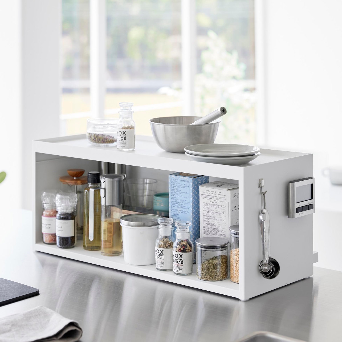 山崎実業 tower 前が開くキッチンカウンター上収納ラック タワー D24 ( 4903208014540 タワーシリーズ 前開き キッチンカウンター上 収納ラック 棚 シェルフ キッチン棚 キッチン フラップ式 調味料置き 収納 ) 【ブラック】 ブラック