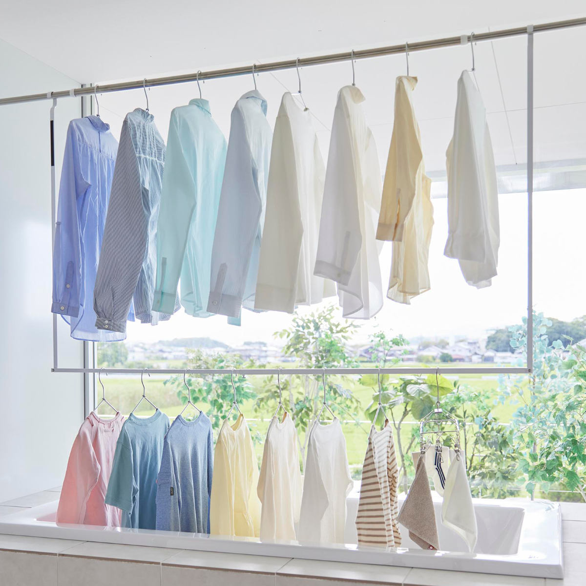 山崎実業 tower 折り畳み伸縮物干し2段ハンガー タワー ( 4903208012911 タワーシリーズ 折り畳み 伸縮物干し 2段ハンガー 折りたたみ おりたたみ 物干し 室内 部屋干し コンパクト 洗濯 2段 ) 【ブラック】 ブラック