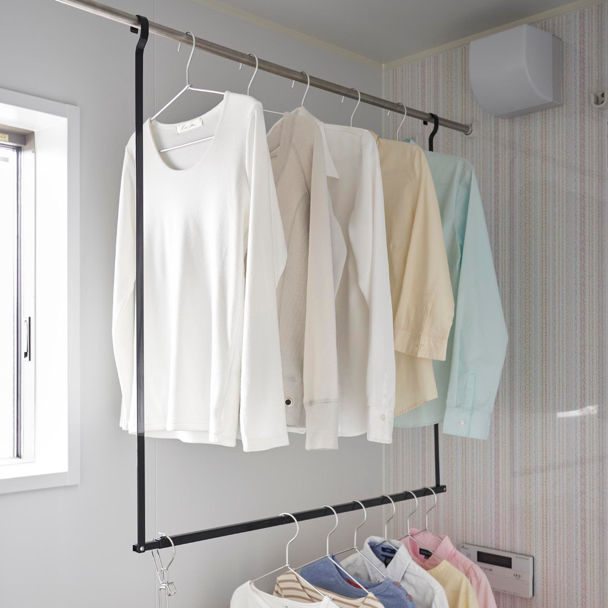 山崎実業 tower 折り畳み伸縮物干し2段ハンガー タワー ( 4903208012911 タワーシリーズ 折り畳み 伸縮物干し 2段ハンガー 折りたたみ おりたたみ 物干し 室内 部屋干し コンパクト 洗濯 2段 ) 【ブラック】 ブラック