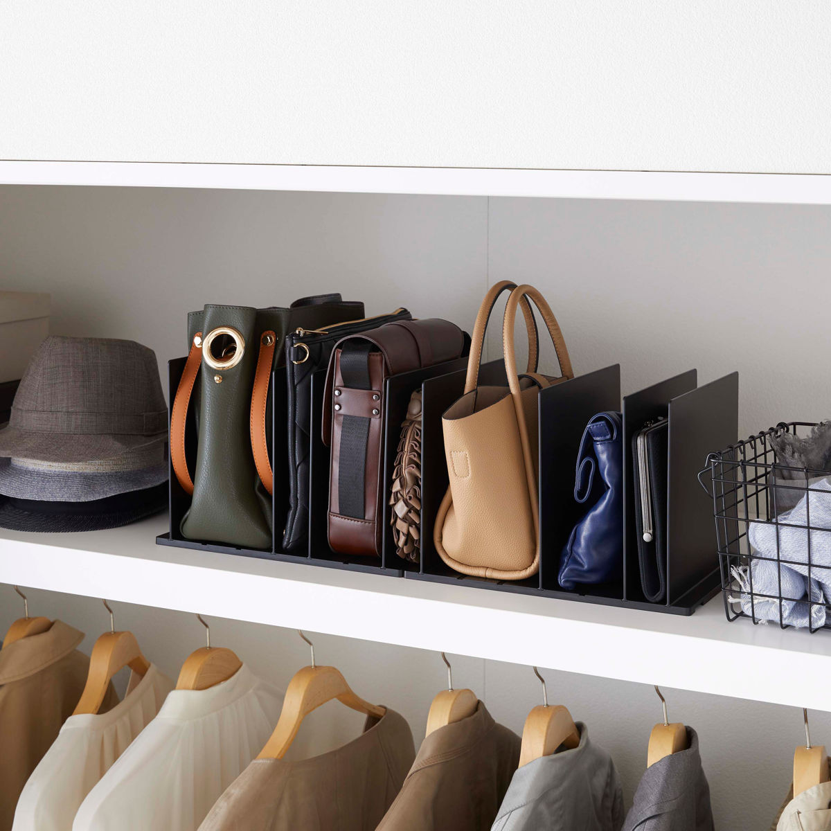 山崎実業 smart バッグ収納スタンド スマート 2個組 ( 4903208049566 スマートシリーズ バッグ収納 スタンド 2個 収納スタンド かばん 収納 バッグ 仕切り 棚上収納 棚上 カバン収納 型崩れ防止 ) 【ブラック】 ブラック