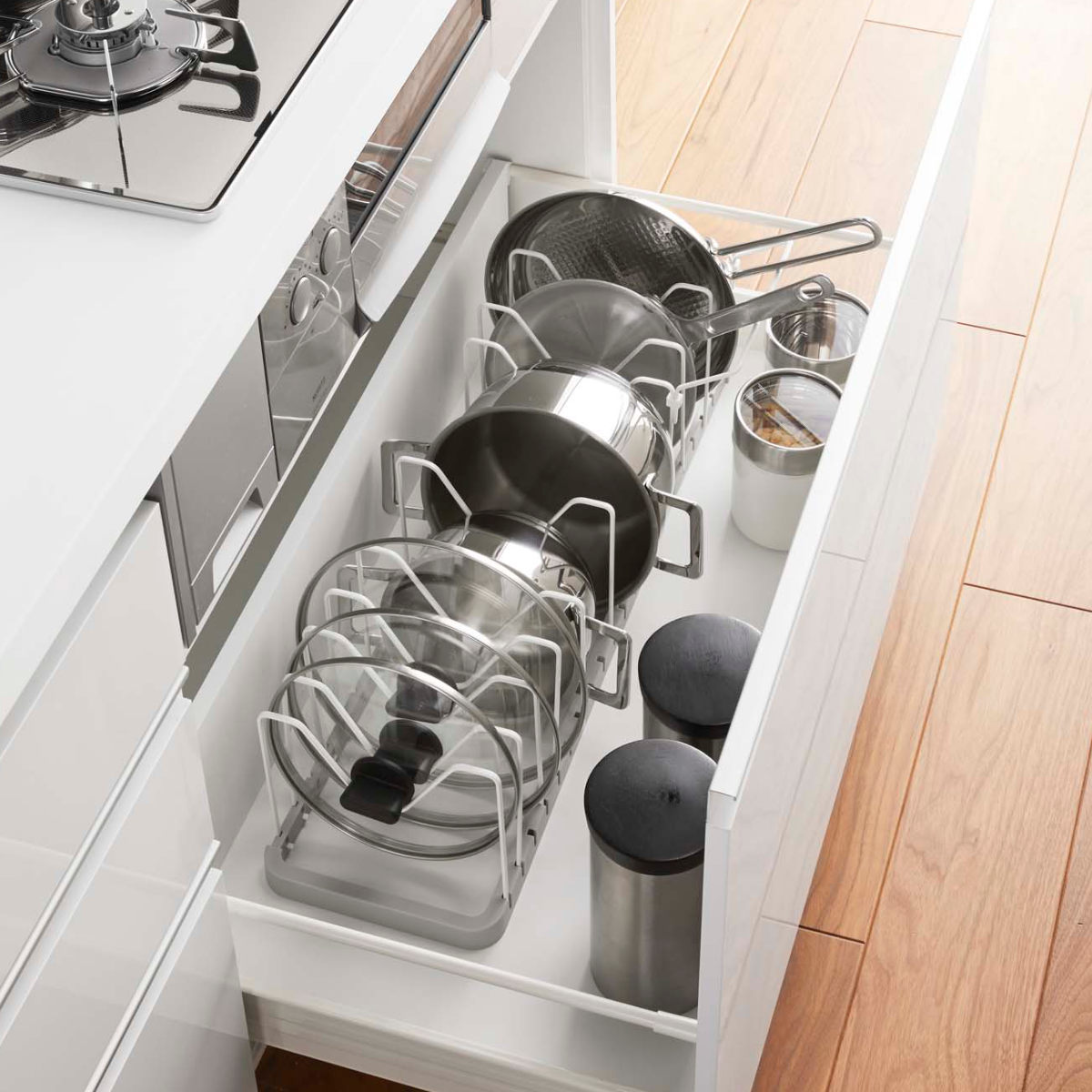 山崎実業 Plate シンク下 伸縮鍋蓋&フライパンスタンド プレート ( 4903208039659 プレートシリーズ 鍋蓋スタンド フライパンスタンド シンク下収納 伸縮スタンド 鍋蓋&フライパン スタンド 伸縮 伸縮式 フライパンラック )