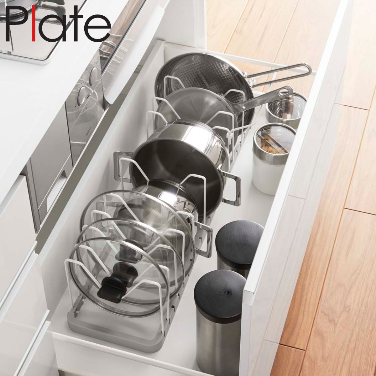 山崎実業 Plate シンク下 伸縮鍋蓋&フライパンスタンド プレート ( 4903208039659 プレートシリーズ 鍋蓋スタンド フライパンスタンド シンク下収納 伸縮スタンド 鍋蓋&フライパン スタンド 伸縮 伸縮式 フライパンラック )