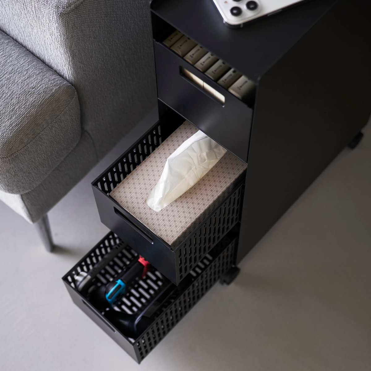 山崎実業 tower 収納バスケットワゴン タワー 3段 ( 4903208100151 タワーシリーズ バスケットワゴン スリムワゴン 収納 バスケット ワゴン 引き出し キャスター付き テーブル下 デスク下 ) 【ブラック】 ブラック