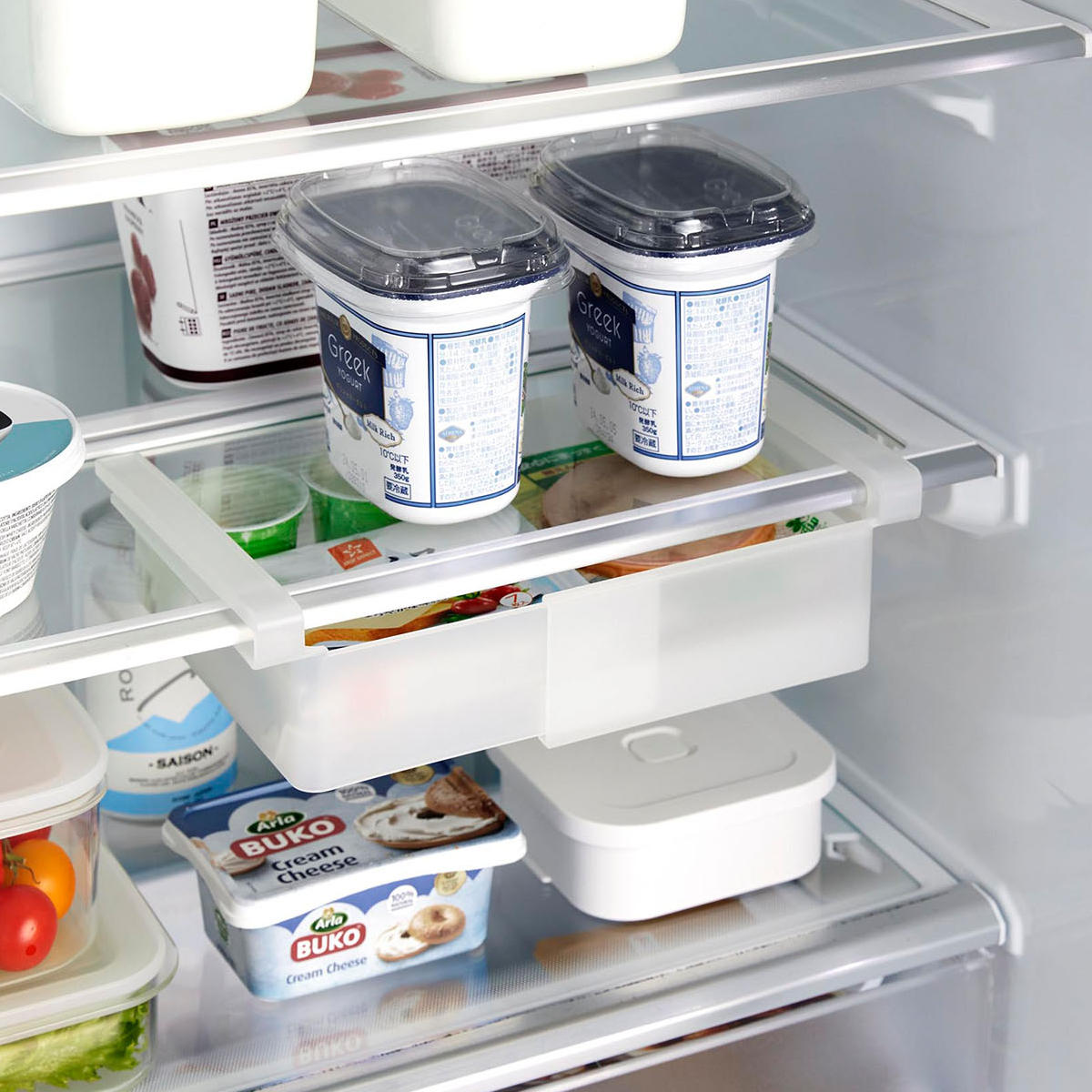 山崎実業 tower 冷蔵庫中棚下伸縮ラック タワー ( 4903208102131 タワーシリーズ 冷蔵庫棚 伸縮ラック 冷蔵庫用 ラック 冷蔵庫中 棚下 伸縮式 伸縮 冷蔵庫整理トレー 引き出し式 吊り下げ 収納 ) 【ホワイト】 ホワイト