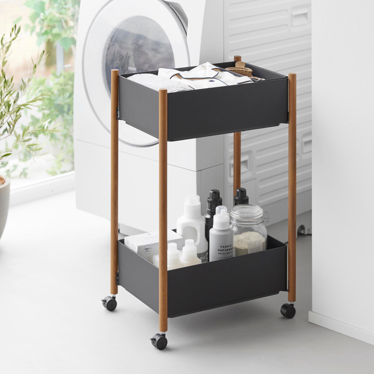 山崎実業 RIN 小物トレー付き収納ワゴン 2段 リン ( 4903208101790 リンシリーズ 収納ワゴン 2段ワゴン 小物トレー 収納 ワゴン コンパクト キャスター付き 収納ラック ラック 二段 インテリア ) 【ブラウン】 ブラウン