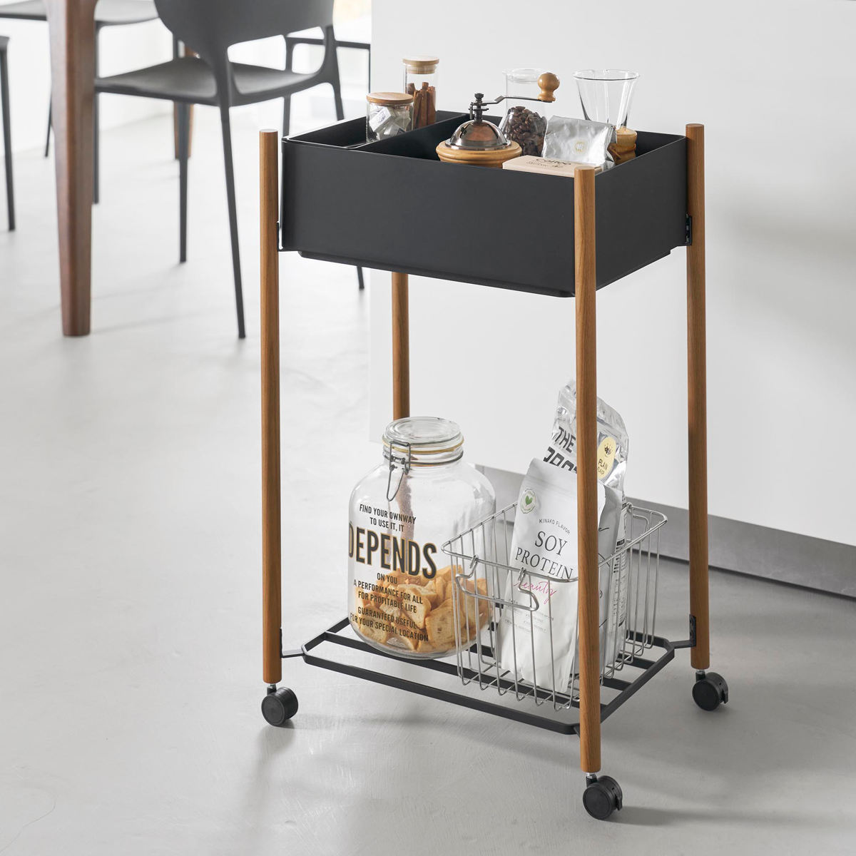 山崎実業 RIN 小物トレー付き下段が棚の収納ワゴン 2段 リン ( 4903208101813 リンシリーズ 収納ワゴン 2段ワゴン 小物トレー 収納 ワゴン コンパクト キャスター付き 収納ラック ラック 二段 棚 ) 【ブラウン】 ブラウン