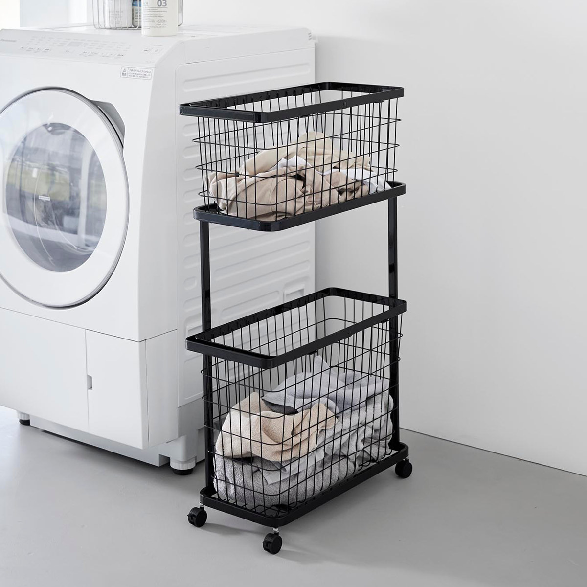 山崎実業 tower ランドリーワゴン+バスケット タワー スリム ( 4903208084642 タワーシリーズ ランドリーワゴン ランドリーバスケット ランドリー ワゴン バスケット 2段 ランドリーボックス 洗濯物入れ ) 【ホワイト】 ホワイト