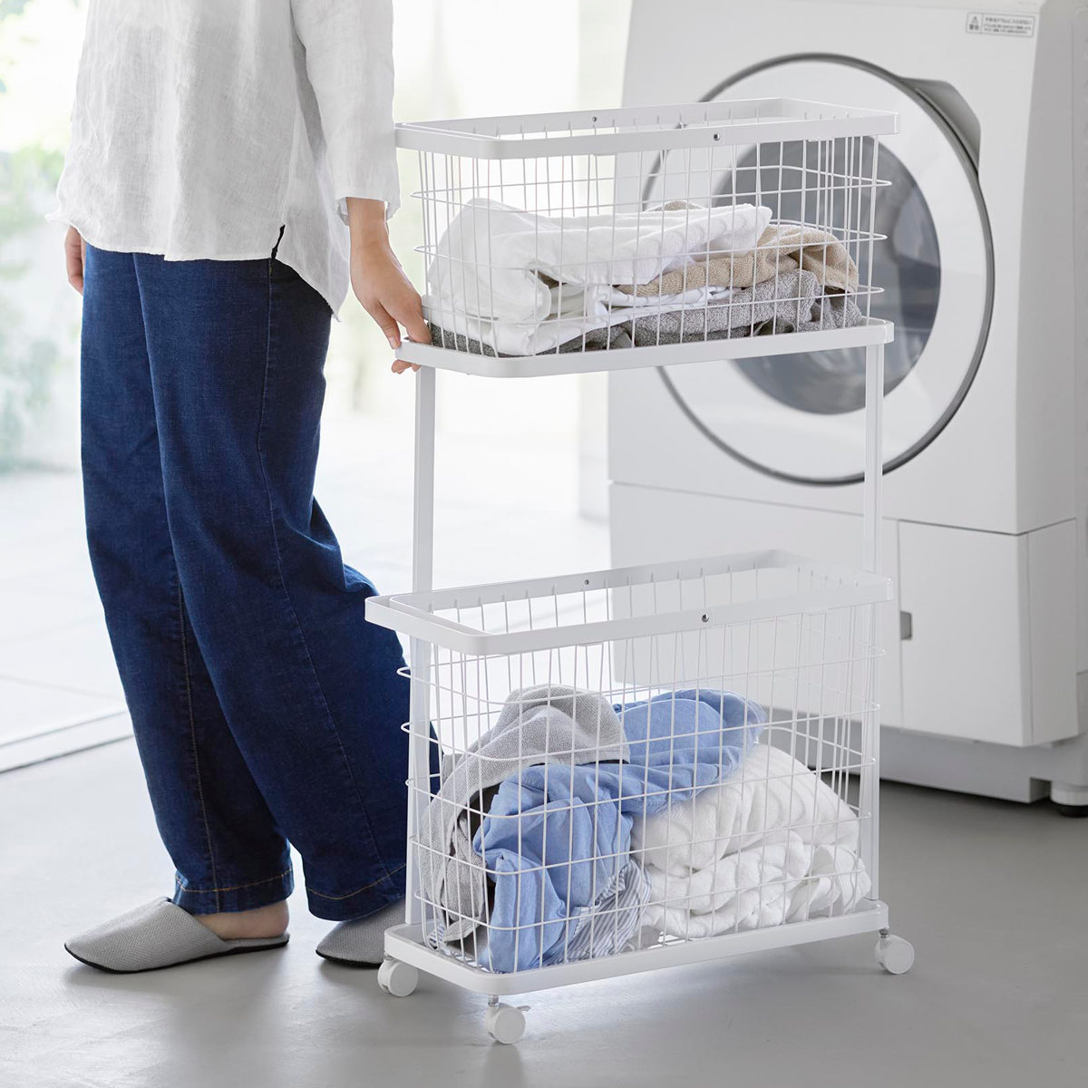 山崎実業 tower ランドリーワゴン+バスケット タワー スリム ( 4903208084642 タワーシリーズ ランドリーワゴン ランドリーバスケット ランドリー ワゴン バスケット 2段 ランドリーボックス 洗濯物入れ ) 【ホワイト】 ホワイト