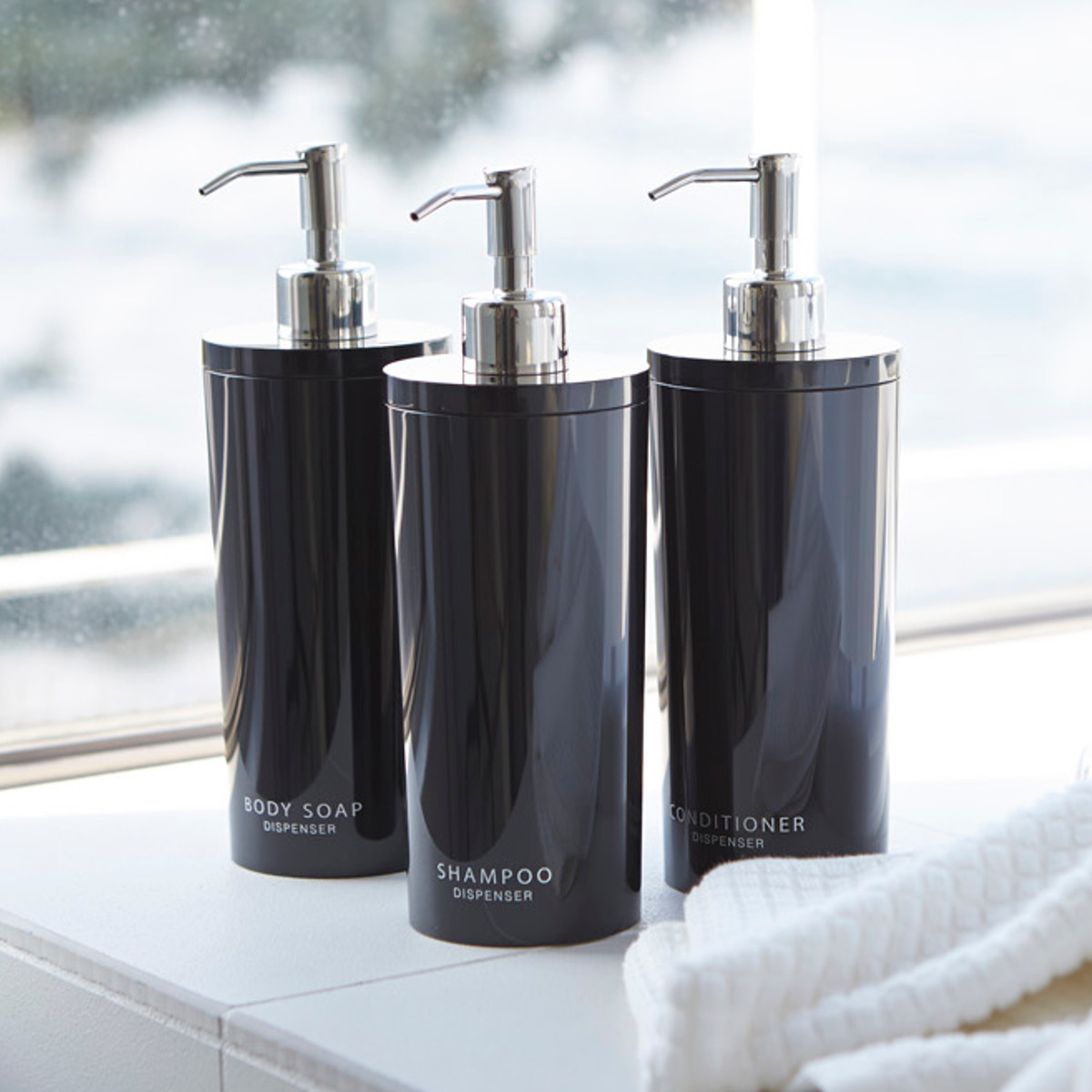 山崎実業 tower ツーウェイディスペンサー タワー ラウンド シャンプー コンディショナー ボディソープ 3本セット ( 4903208029322 お風呂 ボトル 詰め替えボトル 白 黒 詰め替え容器 おしゃれ ソープ ) 【ブラック】 ブラック