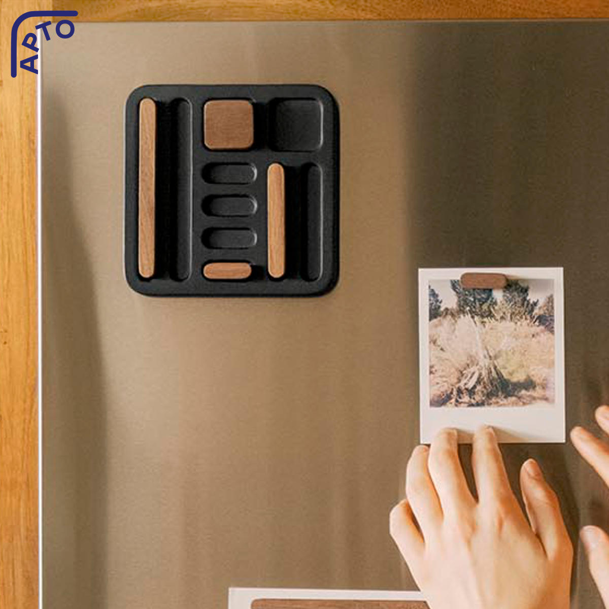 山崎実業 APTO マグネットセット アプト ウォールナット ( 4903208104937 アプトシリーズ マグネット 磁石 磁石セット 木製マグネット インテリア セット 壁面 壁面収納 冷蔵庫 専用トレー付き 4種類 )