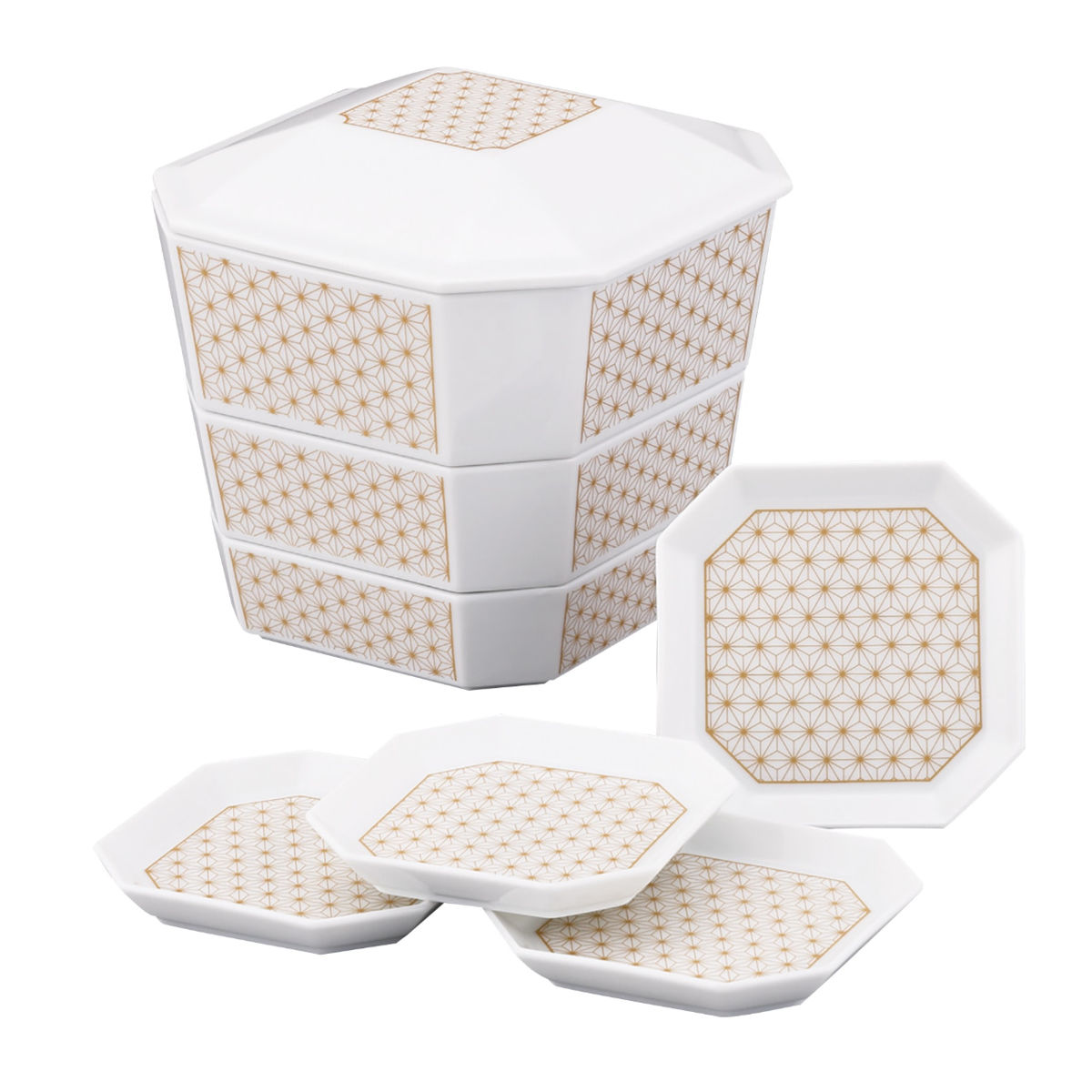 皿 結 重箱小皿揃 麻の葉 （ 食洗機対応 電子レンジ対応 磁器 日本製 お重 3段 皿付き 高級感 上品 和風 和モダン モダン ）