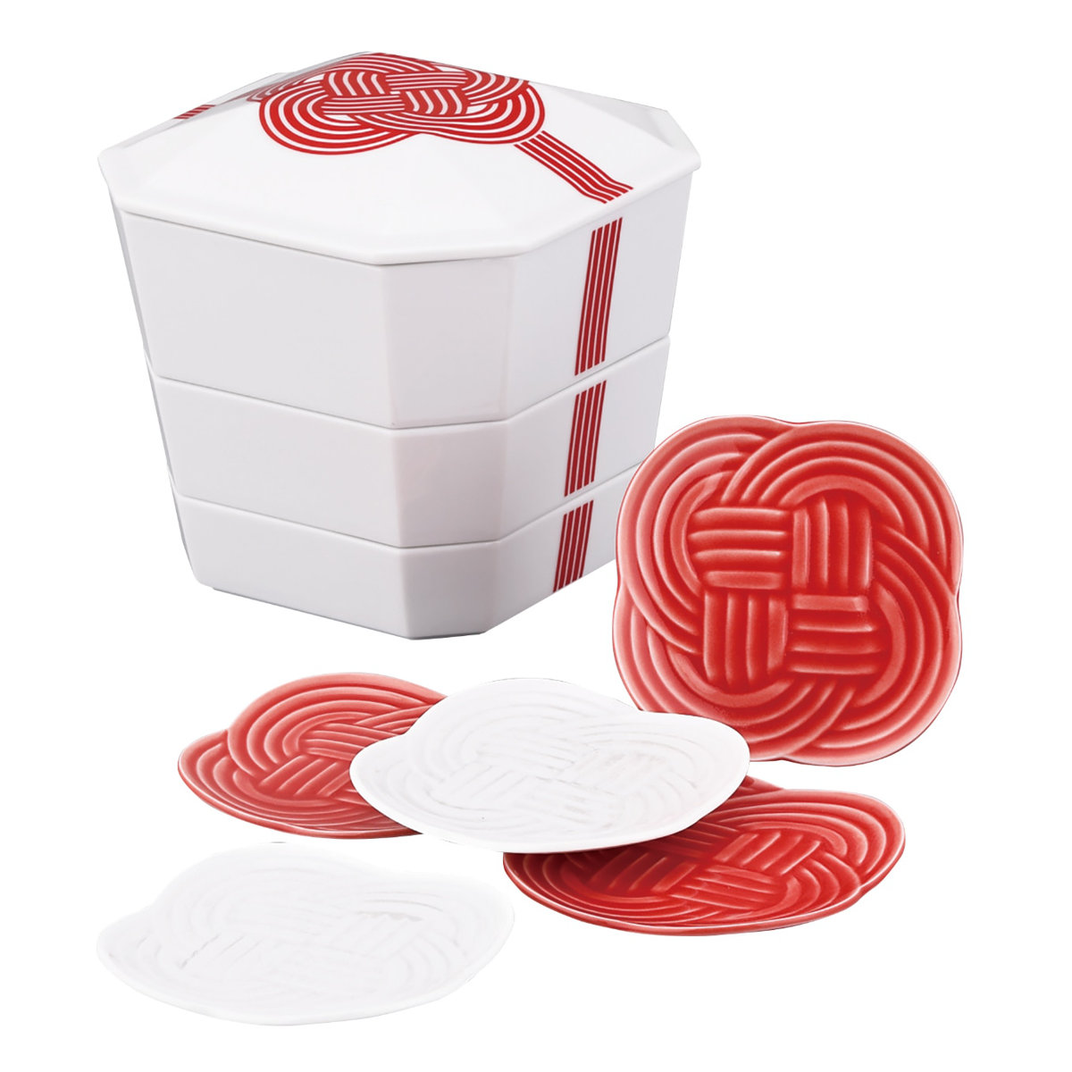 皿 結 重箱小皿揃 赤結び （ 食洗機対応 電子レンジ対応 磁器 日本製 お重 3段 皿付き 高級感 上品 和風 和モダン モダン ）