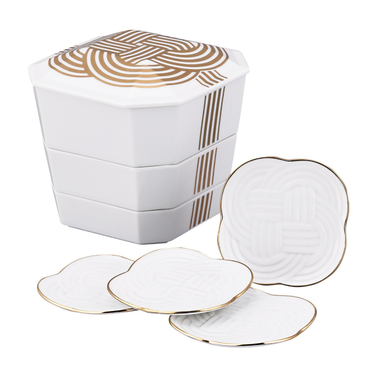 皿 結 重箱小皿揃 金結び （ 磁器 日本製 お重 3段 皿付き 高級感 上品 和風 和モダン モダン ）