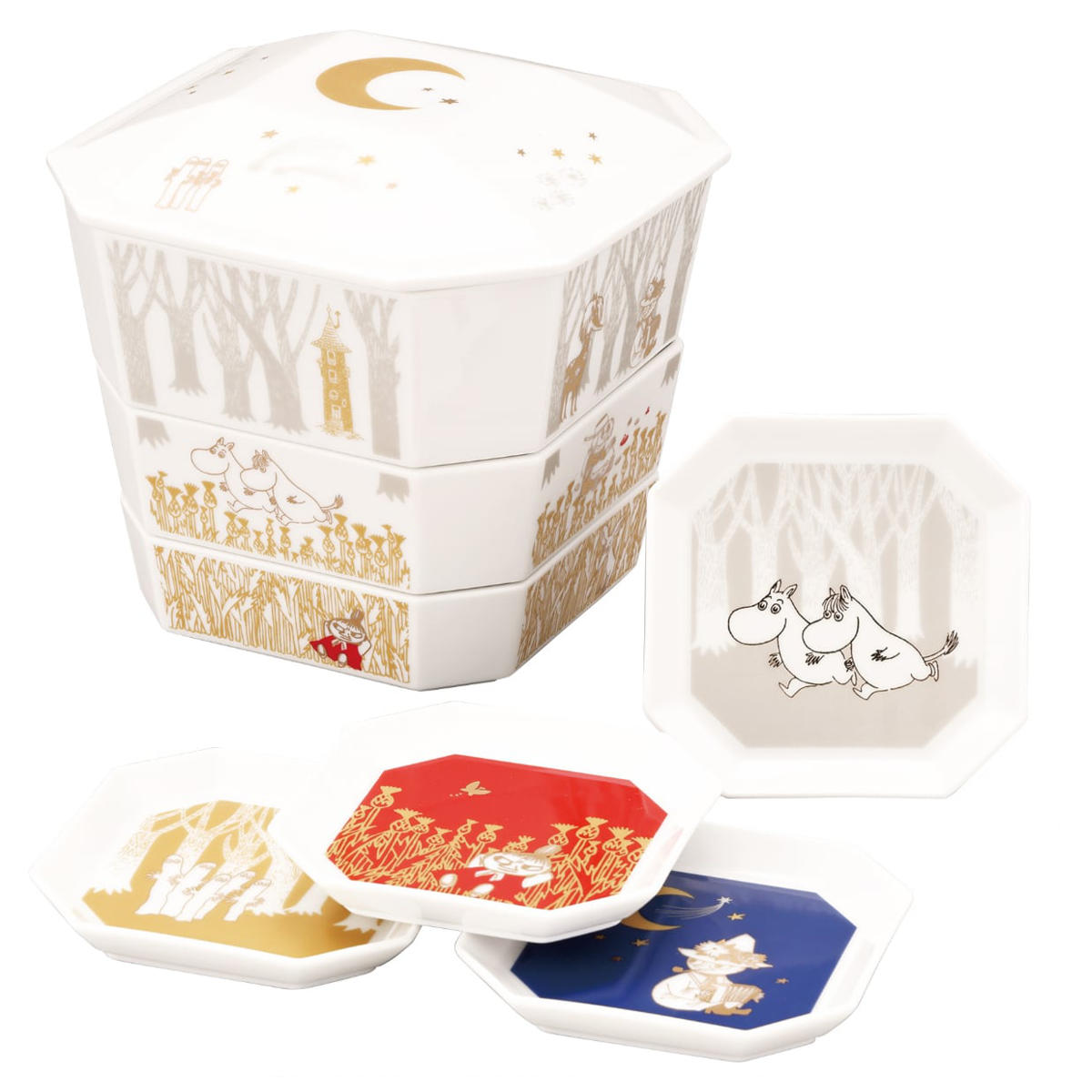 3段重箱 小皿揃 ムーミン 隅切 陶磁器 （ 食洗機対応 電子レンジ対応 磁器 日本製 お重 3段 皿付き 陶器 食洗機OK レンジOK 重箱 高級感 上品 和風 和モダン モダン ）