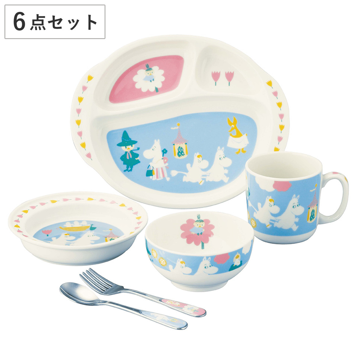 子供食器 6ピースセット ムーミン （ 6点セット スプーン フォーク 子供マグ ライスボウル プレート キッズプレート 電子レンジ対応 日本製 食器セット 磁器 ステンレス マグカップ マグ ボウル すくいやすい MOOMIN ）