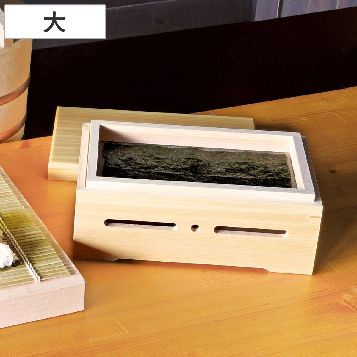 保存容器 焼きのり箱 大 ( 海苔焙炉 ホイロ 箱 焼きのり ひのき 天然木 日本製 半切 三つ切り 3切 海苔 温める 炙る 木箱 朝食 酒の肴 炭火 卓上 手巻き寿司 おにぎり )