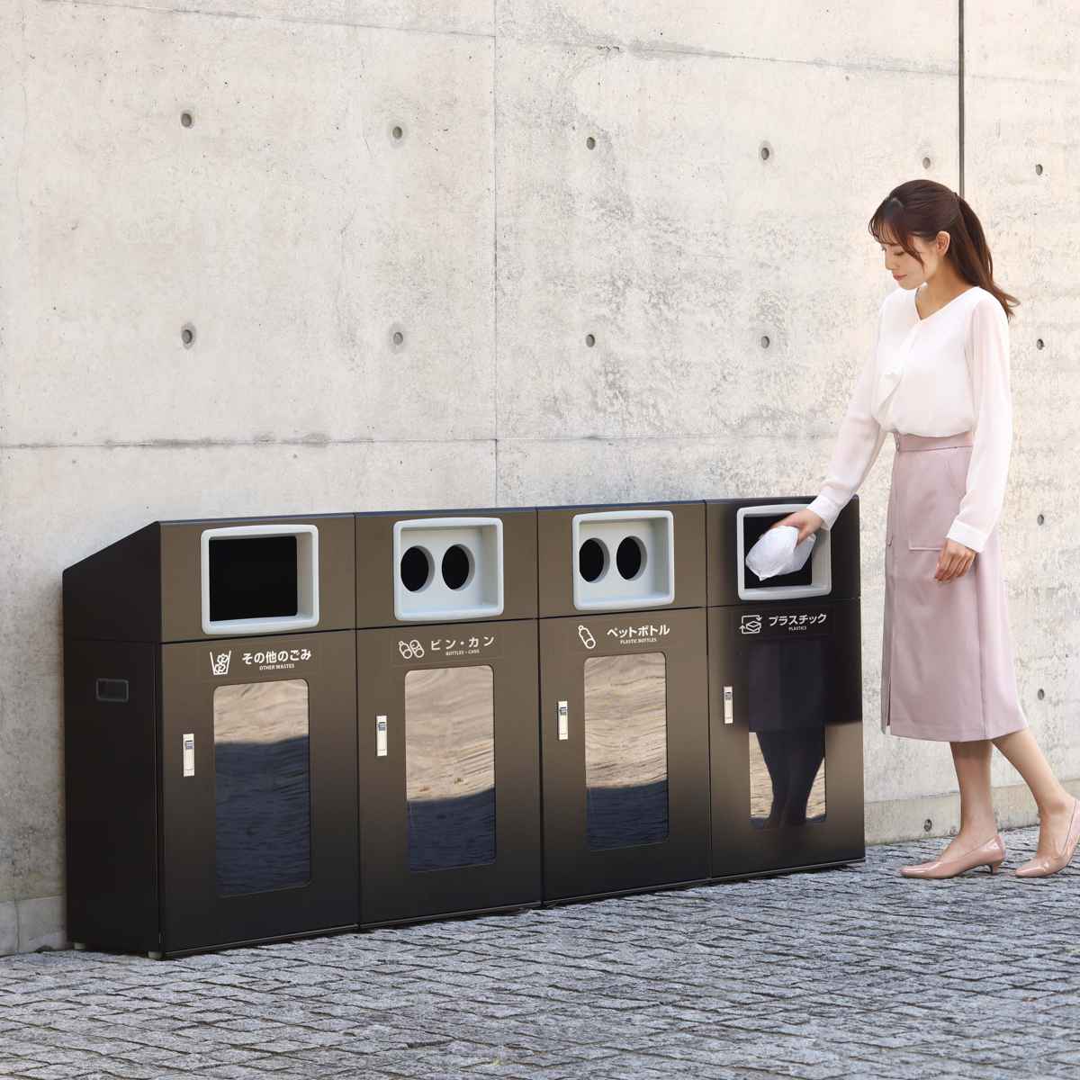 ゴミ箱 リサイクルボックスNYOS-50 70L 窓あり 屋外用 ( 法人限定 山崎産業 業務用 ダストボックス 分別 ごみ箱 奥行30 分別シール付き 70リットル 大容量 省スペース 分別ゴミ箱 袋止め付き スチール製 おしゃれ ) 【ブラック×丸穴】 ブラック×丸穴