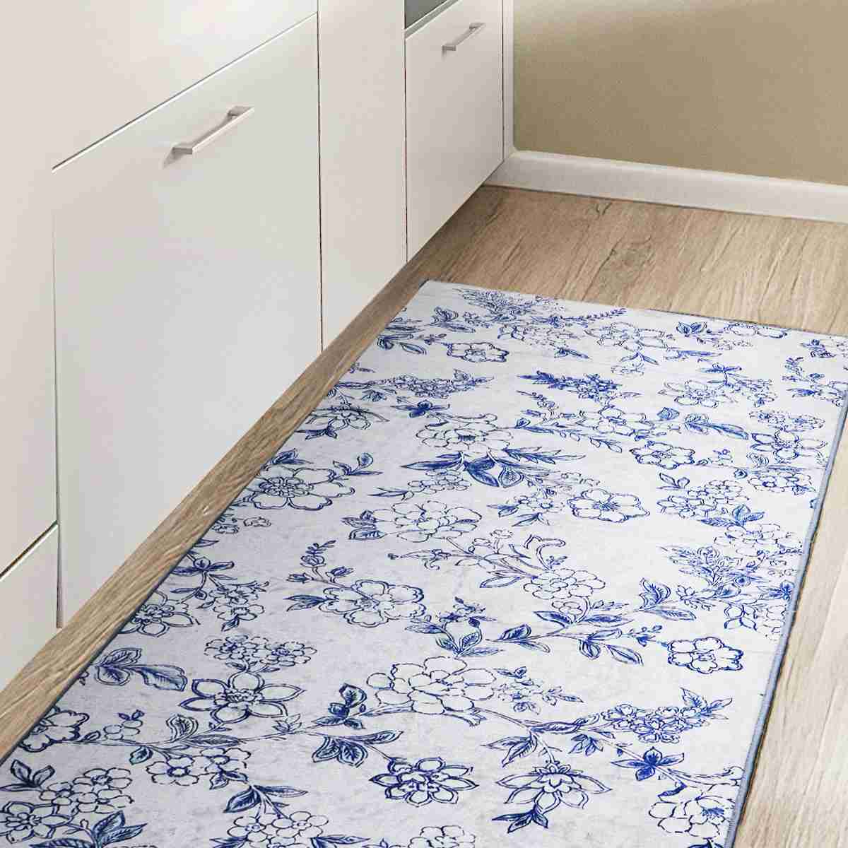 キッチンマット サラサ インテリアマット 45×120cm ( キッチン マット 台所マット キッチン用マット 洗える 床暖房対応 滑り止め加工 長方形 インテリア 花柄 光沢 すべり止め ズレにくい 丸洗い 掃除機 床暖房 フチ加工 ) 【ブルーグレー】 ブルーグレー