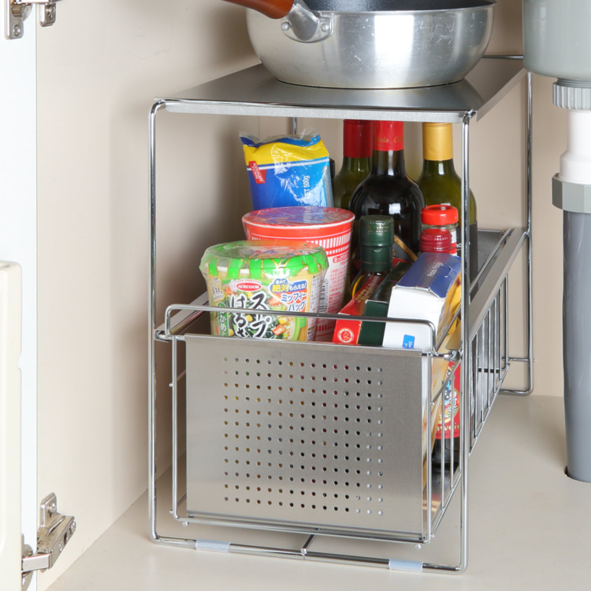 シンク下収納 シンク下スライド収納 1段 幅25cm ( シンク下収納ラック 引き出し付き スリム シンク下 コンロ下 キッチンストッカー ステンレス スライドラック 隙間収納 引出し ワゴン キッチン 洗面所 収納 おしゃれ 日本製 )