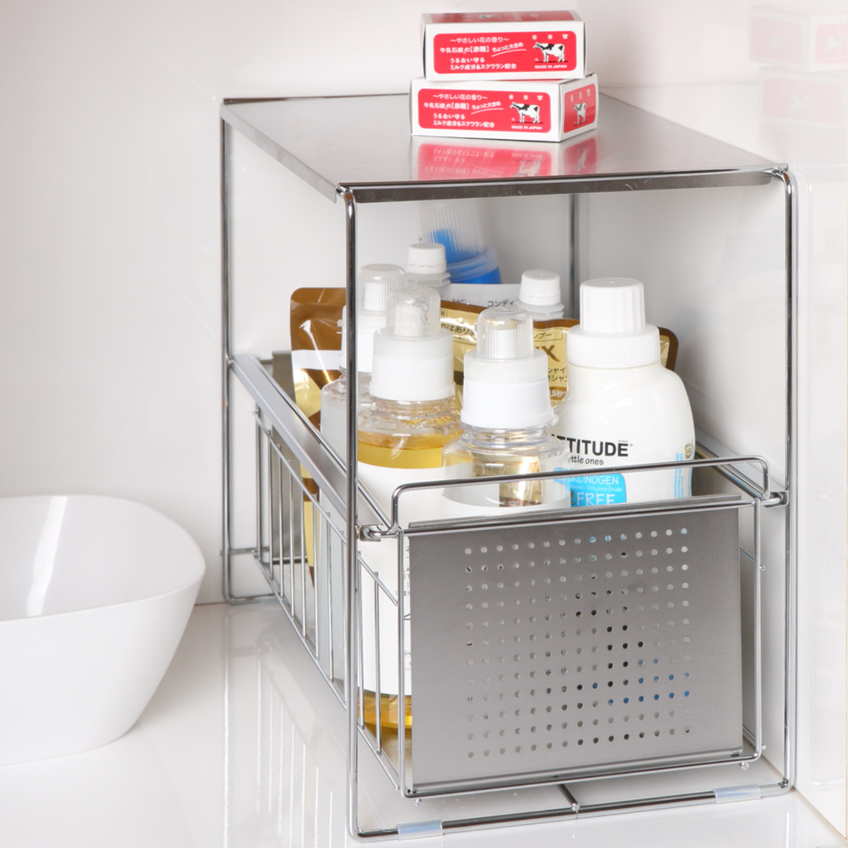 シンク下収納 シンク下スライド収納 1段 幅25cm ( シンク下収納ラック 引き出し付き スリム シンク下 コンロ下 キッチンストッカー ステンレス スライドラック 隙間収納 引出し ワゴン キッチン 洗面所 収納 おしゃれ 日本製 )