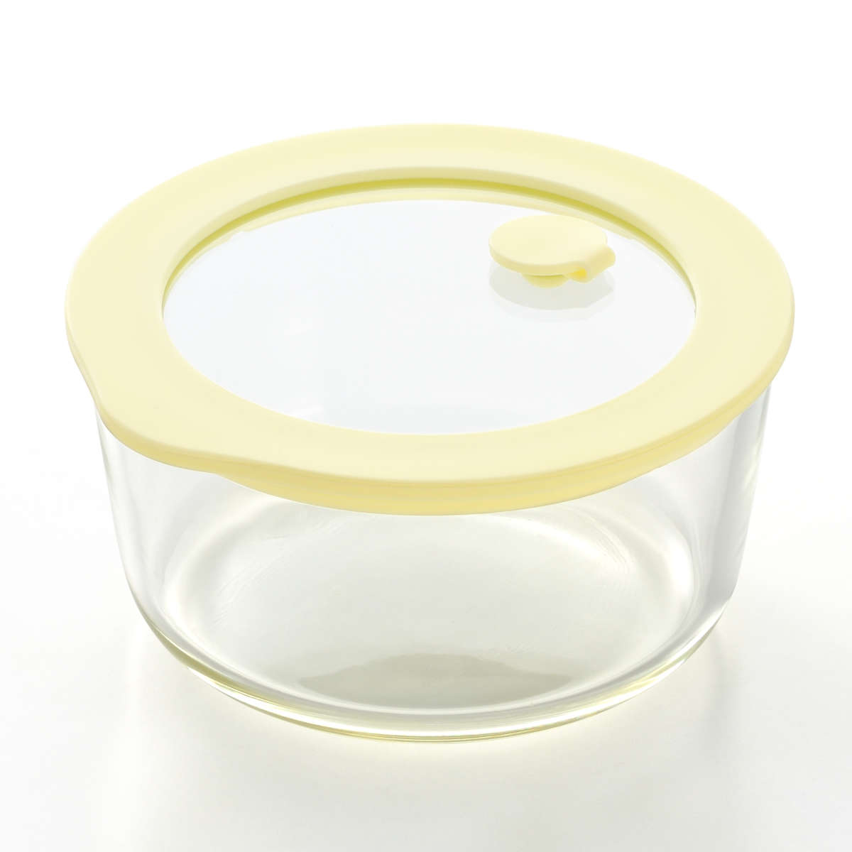 保存容器 電子レンジ対応 グラスコンテナ 500ml ライトイエロー ( ガラス 耐熱ガラス 密閉 食洗機対応 オーブン対応 冷蔵 冷凍 ガラス容器 食品保存 容器 耐熱容器 丸型 弁当箱 キャニスター 持ち運び 蓋付き 蒸気弁 )