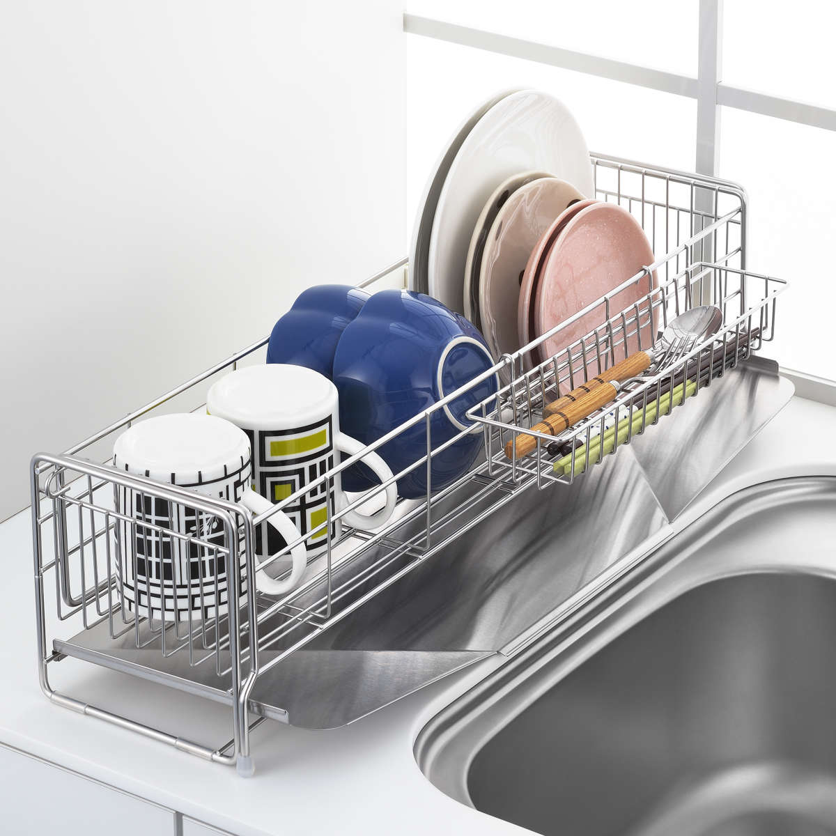 水切りラック シンクサイド 幅の広がる水切り 深型 奥行57cm ( 水切りかご 水切りトレー シンク上 スリム ステンレス 水切り シンク横 日本製 伸縮 おしゃれ コンパクト シンク 大容量 少量 ステンレス水切り ディッシュラック )