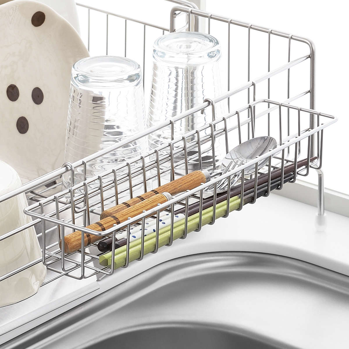 水切りラック シンクサイド 幅の広がる水切り 深型 奥行57cm ( 水切りかご 水切りトレー シンク上 スリム ステンレス 水切り シンク横 日本製 伸縮 おしゃれ コンパクト シンク 大容量 少量 ステンレス水切り ディッシュラック )