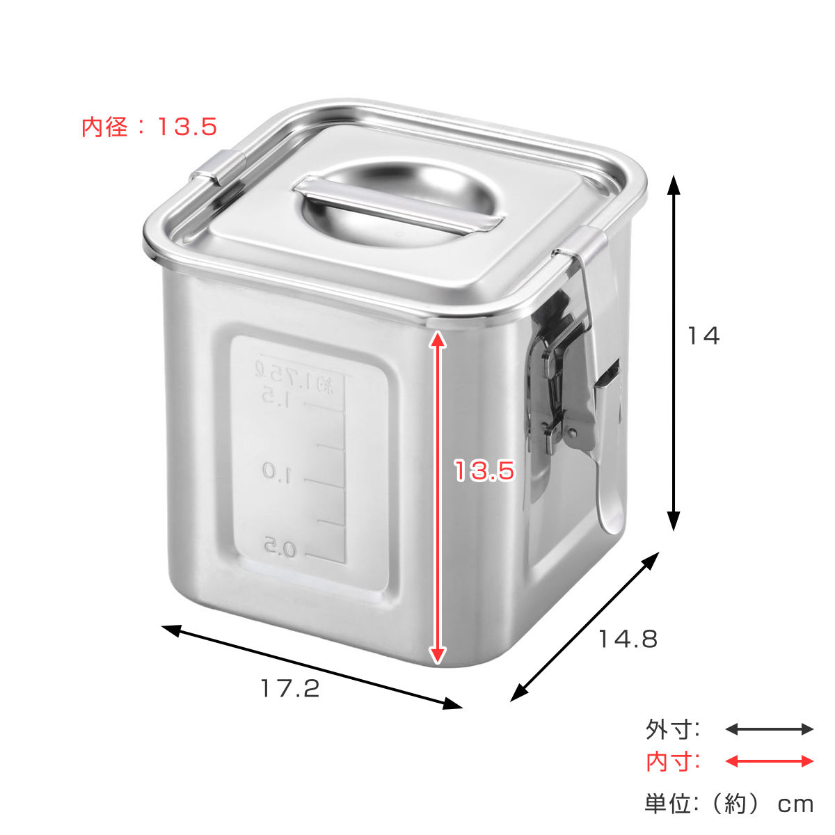 米びつ 2kg 角型 キッチンポット パッキン フック付 13.5cm ステンレス製 ( 米櫃 ライス缶 保存容器 ステンレス 日本製 ライスストッカー 冷蔵庫 お米 タレ 調味料 だし 保存 収納 目盛り シンク下 少量 ロック おしゃれ 2.3L )