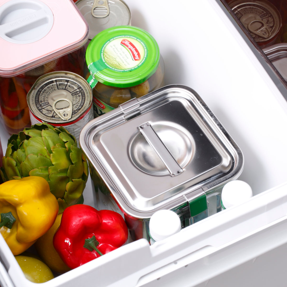 米びつ 2kg 角型 キッチンポット パッキン フック付 13.5cm ステンレス製 ( 米櫃 ライス缶 保存容器 ステンレス 日本製 ライスストッカー 冷蔵庫 お米 タレ 調味料 だし 保存 収納 目盛り シンク下 少量 ロック おしゃれ 2.3L )