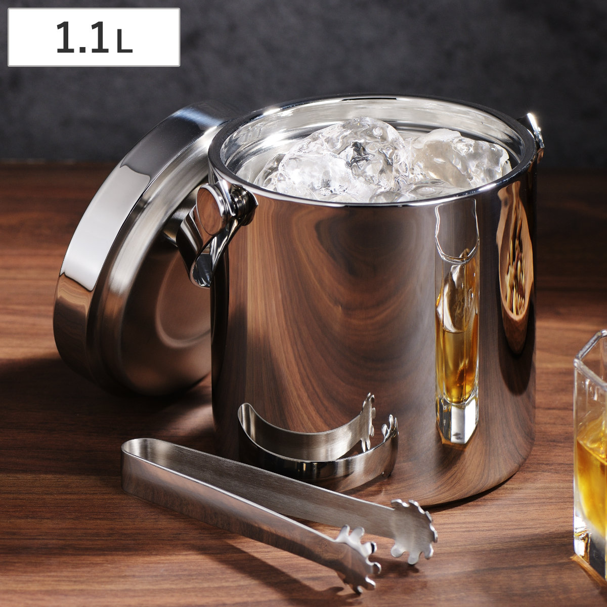 鏡面二重 アイスペール 1.1L フラットタイプ ( ステンレス ボトルクーラー 氷 溶けにくい 氷入れ 蓋付き 二重構造 トング付き セット 日本製 シンプル おしゃれ スタイリッシュ )