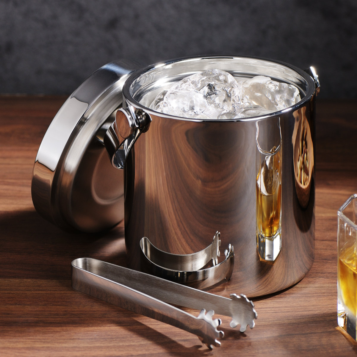 鏡面二重 アイスペール 1.1L フラットタイプ ( ステンレス ボトルクーラー 氷 溶けにくい 氷入れ 蓋付き 二重構造 トング付き セット 日本製 シンプル おしゃれ スタイリッシュ )