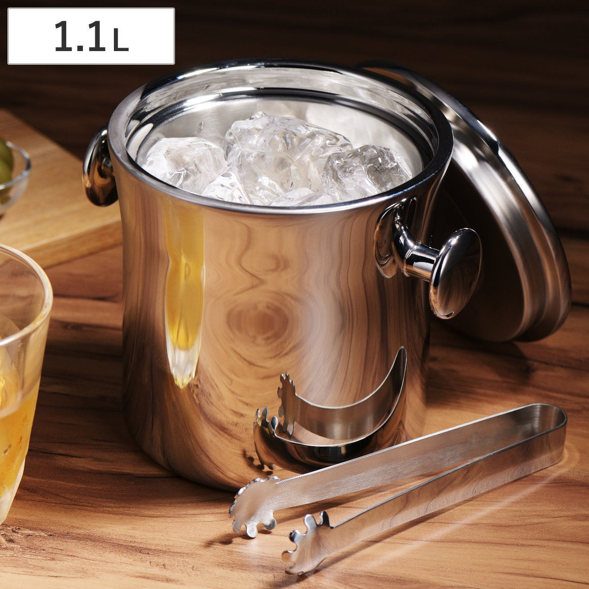 鏡面二重 アイスペール 1.1L ( ステンレス ボトルクーラー 氷 溶けにくい 氷入れ 蓋付き ハンドル付き 二重構造 トング付き セット 日本製 シンプル おしゃれ スタイリッシュ )