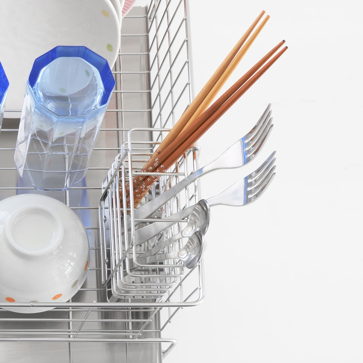 水切りラック 縦横左右に置ける 水切り 箸立て付き 排水式 ( 水切りかご ステンレス シンク横 食器乾燥ラック 日本製 バスケット ラック 皿立て ディッシュラック カトラリーポケット 受け皿 流れる サビにくい 丈夫 )